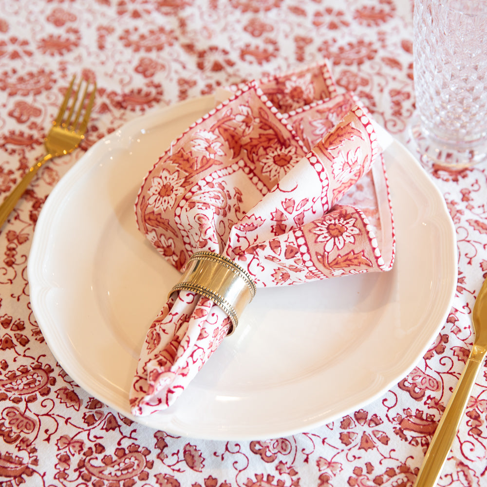 Coral Red Block Printed Tablecloth