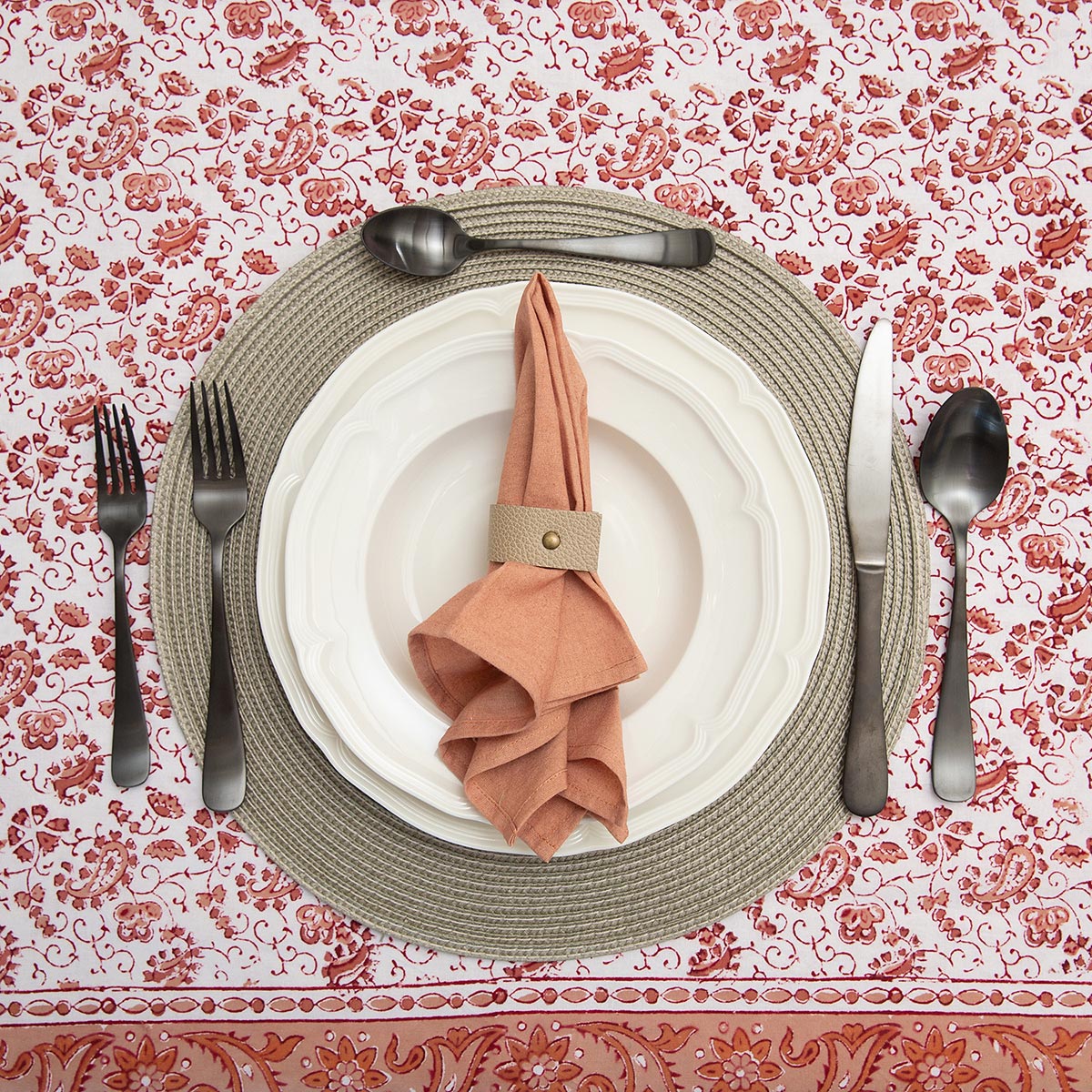 Coral Red Block Printed Tablecloth