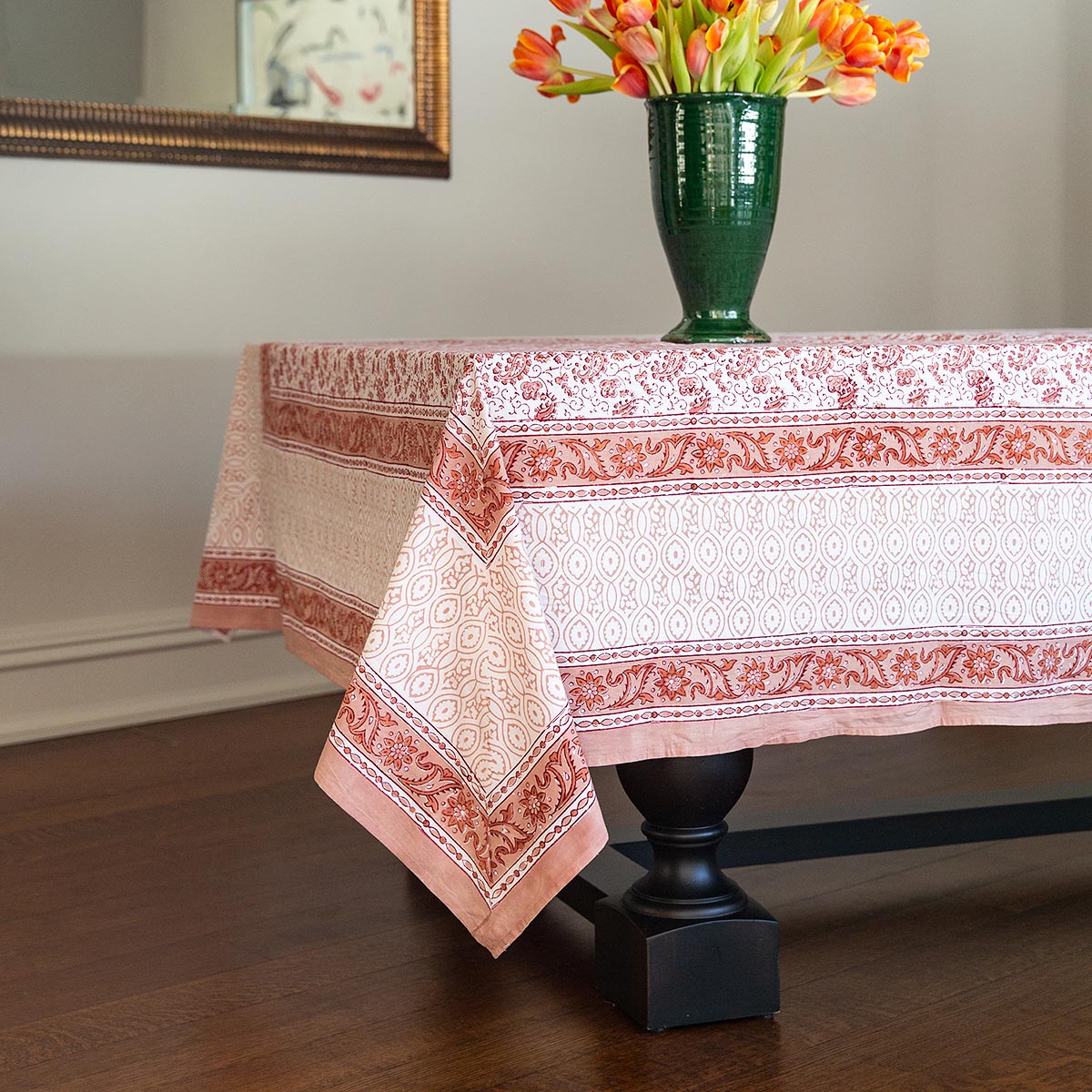 Coral Red Block Printed Tablecloth