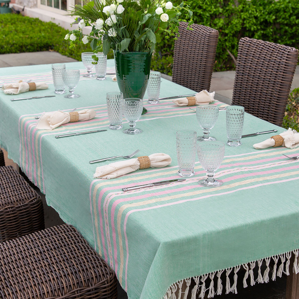 Jade & Pink Cotton Handmade Tablecloth