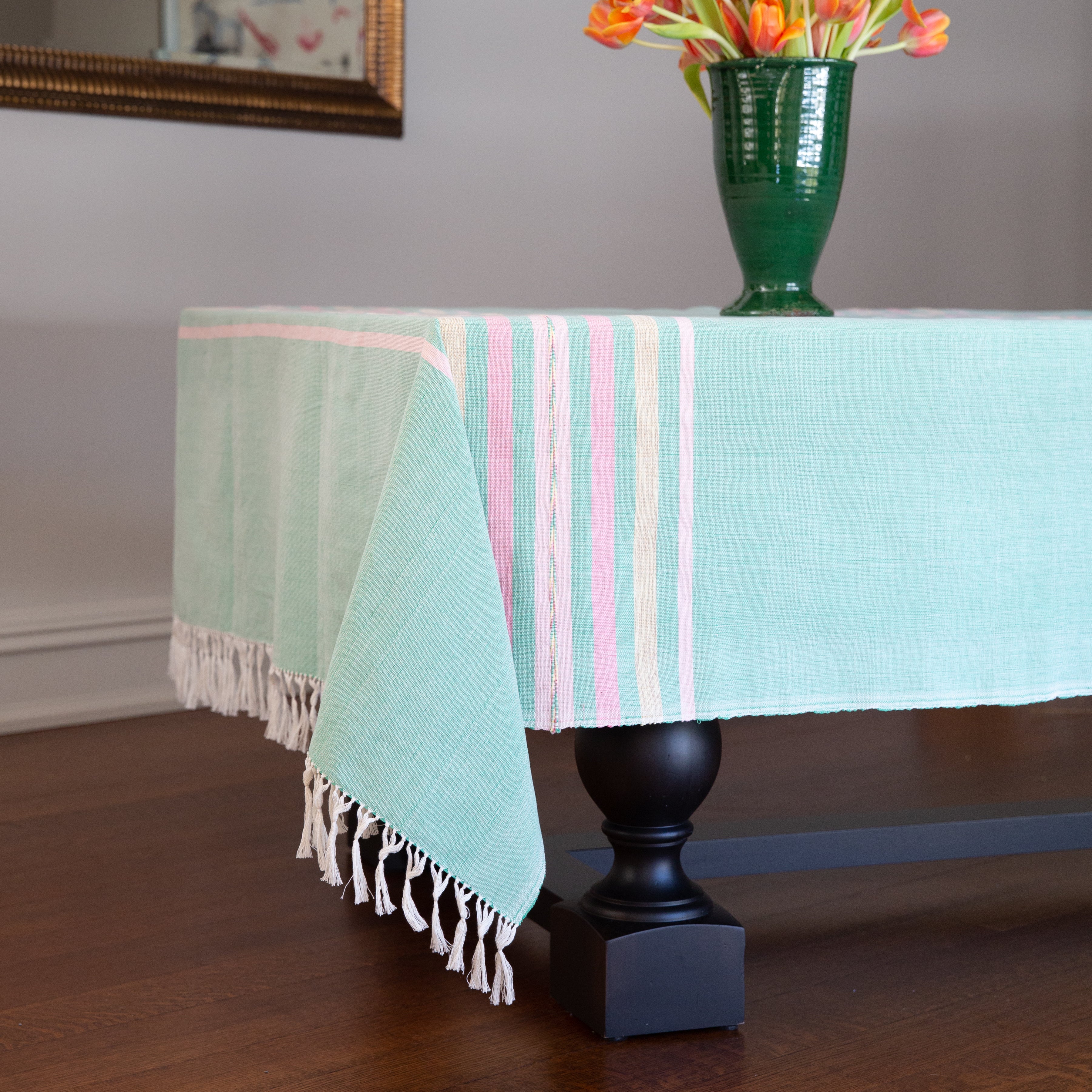 Jade & Pink Cotton Handmade Tablecloth