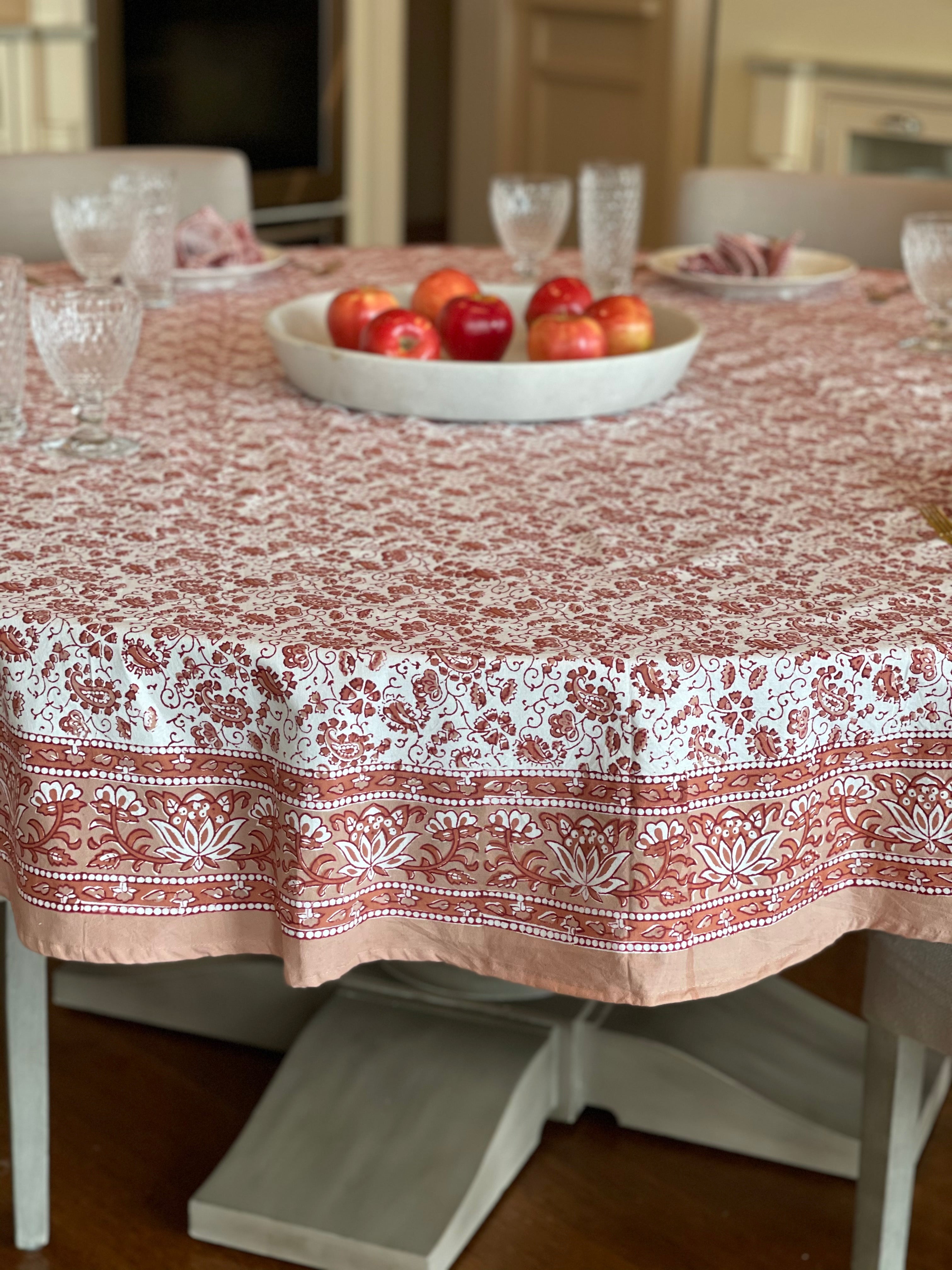 Coral Red Block Printed Tablecloth